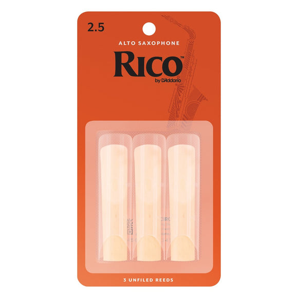 The Rico Alto Sax Reeds - Strength 2.5 (3-Pack) cut is unfiled and features a thinner profile and blank. Rico 
