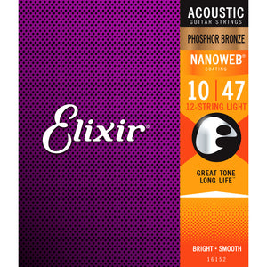Elixir Nanoweb 12 String Light 10-47 Phosphor Bronze Acoustic Guitar Strings 16152