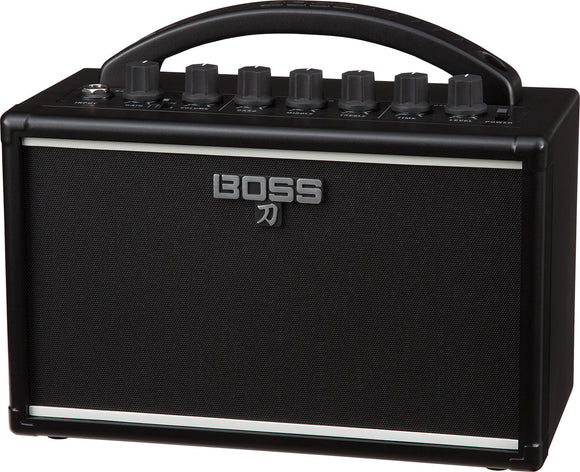 The Boss Katana-Mini makes serious Katana tone accessible in a small, go-anywhere amp that runs on batteries. Offering sound quality that far exceeds other amps in its class, this miniature powerhouse features an authentic multi-stage analog gain circuit for big, expressive sound, plus a traditional analog EQ and an onboard tape-style delay.