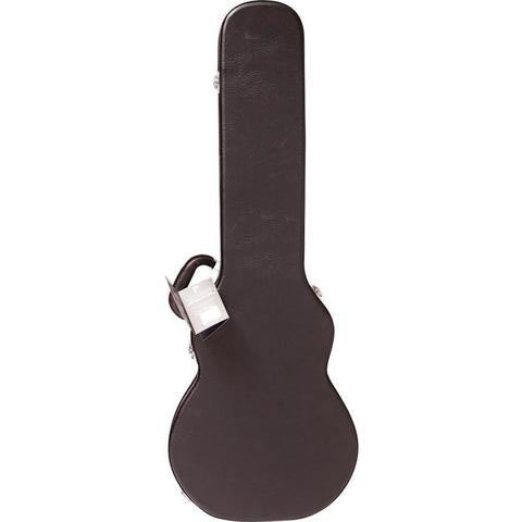 The Profile PRC300-P is a Les Paul Style Hardshell Electric Guitar Case featuring a Plush Red Inner Lining, Deluxe Chrome Latches, Tough Black Vinyl Finish with Distinctive Red Stitching, and a Padded Leatherette Handle