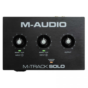 The M-Audio M-Track Solo Audio Interface is a 2-channel USB Audio Interface with 1 Crystal Preamp, Phantom Power and an Instrument Input.