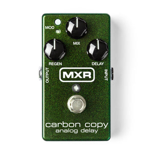 Go from crisp "bathroom" slap echoes to epic, Gilmouresque delays with the MXR M169 Carbon Copy Analog Delay. Featuring 600ms of delay time with optional modulation, and a three-knob layout that controls Delay, Mix, and Regen