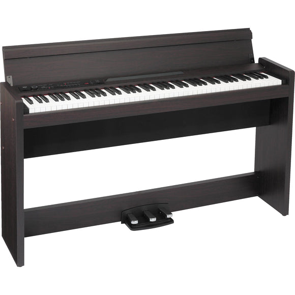The Korg LP380 Digital Piano w/ Stand & Bench provides brilliant piano sound in a low-profile, slim design. The flat-top cabinet looks stylish even when the key cover is closed. The high-output amplifier and speakers accurately reproduce a realistic piano sound, while Korg’s flagship RH3 keybed enables expressive performances.