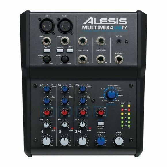 The Alesis MultiMix 4 USB FX is a four-channel desktop mixer with a USB digital audio interface that lets you mix live, in the home studio, and record audio directly to a computer.