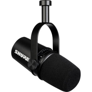 Get a professional podcast sound with audio interfaces, hard disk recorders, or direct to computers and mobile devices with the Shure MV7 Podcast Mic, styled here in black.