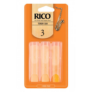 The Rico Tenor Saxophone Reeds - Strength 3.0 (3-Pack) cut is unfiled and features a thinner profile and blank. Rico "Orange Box" reeds vibrate easily. They are a favorite among jazz musicians and are ideal for students.