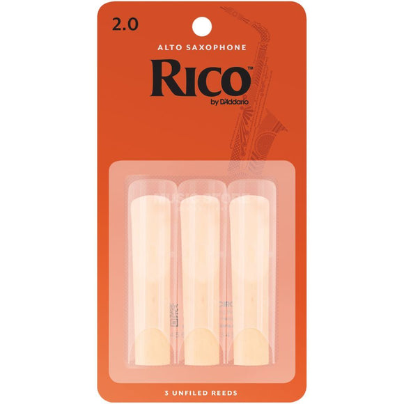 The Rico Alto Sax Reeds - Strength 2.0 (3-Pack) cut is unfiled and features a thinner profile and blank. Rico 
