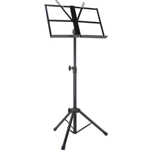 The Profile MS125B is a professional heavy-duty collapsible sheet music stand that includes a gig bag with a shoulder carrying strap. It comes in a sleek black satin finish and includes rubber feet for sturdy placement.