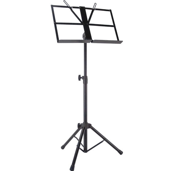 The Profile MS125B is a professional heavy-duty collapsible sheet music stand that includes a gig bag with a shoulder carrying strap. It comes in a sleek black satin finish and includes rubber feet for sturdy placement.
