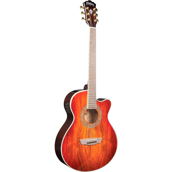 The Washburn Festival Series EA55G-A acoustic-electric guitar has a cutaway body made of catalpa with a laminated koa top. A mahogany neck has a 20-fret rosewood fingerboard. 